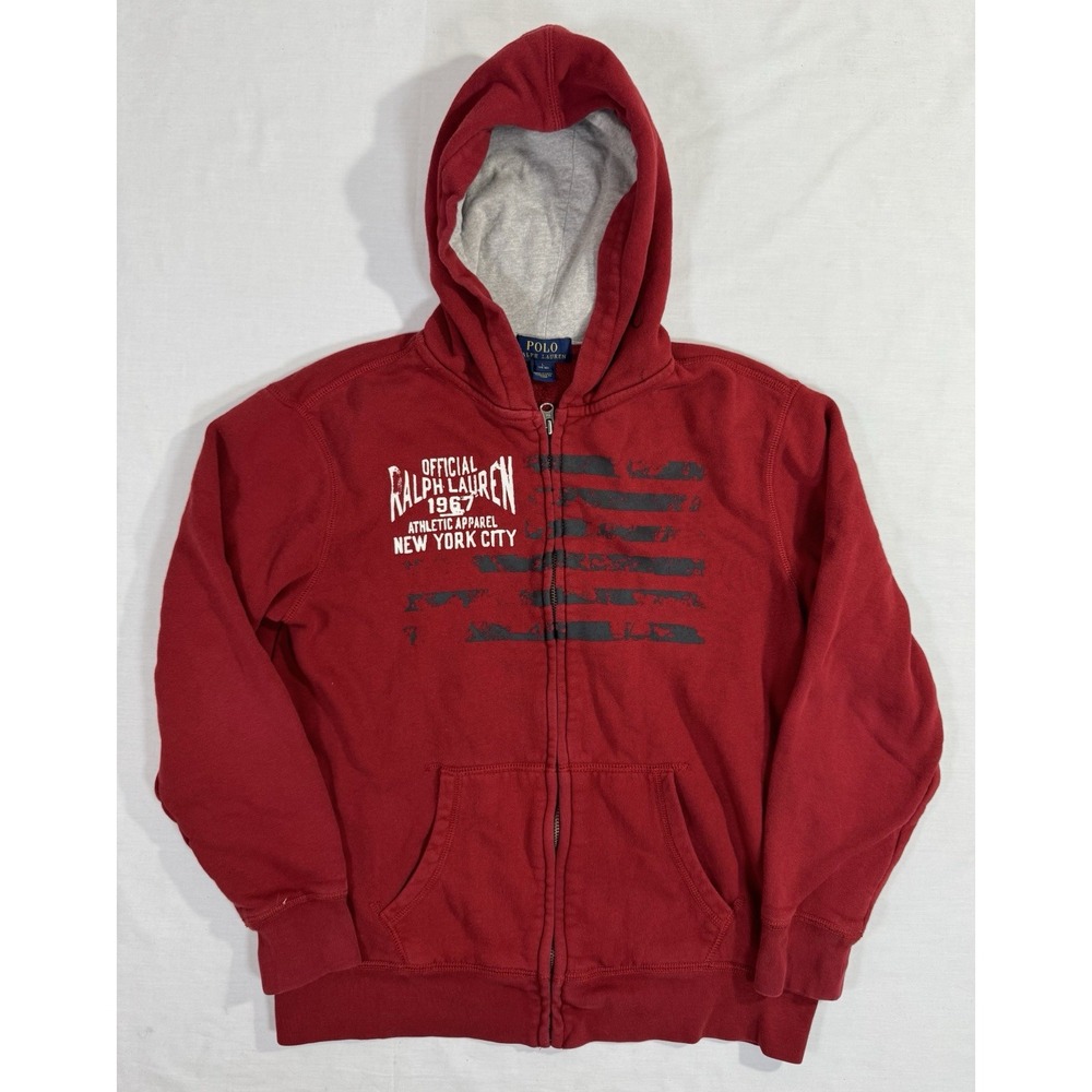 Polo Ralph Lauren Boys L 14-16 Red Full Zip Hoodie Athletic Apparel 1967 NYC